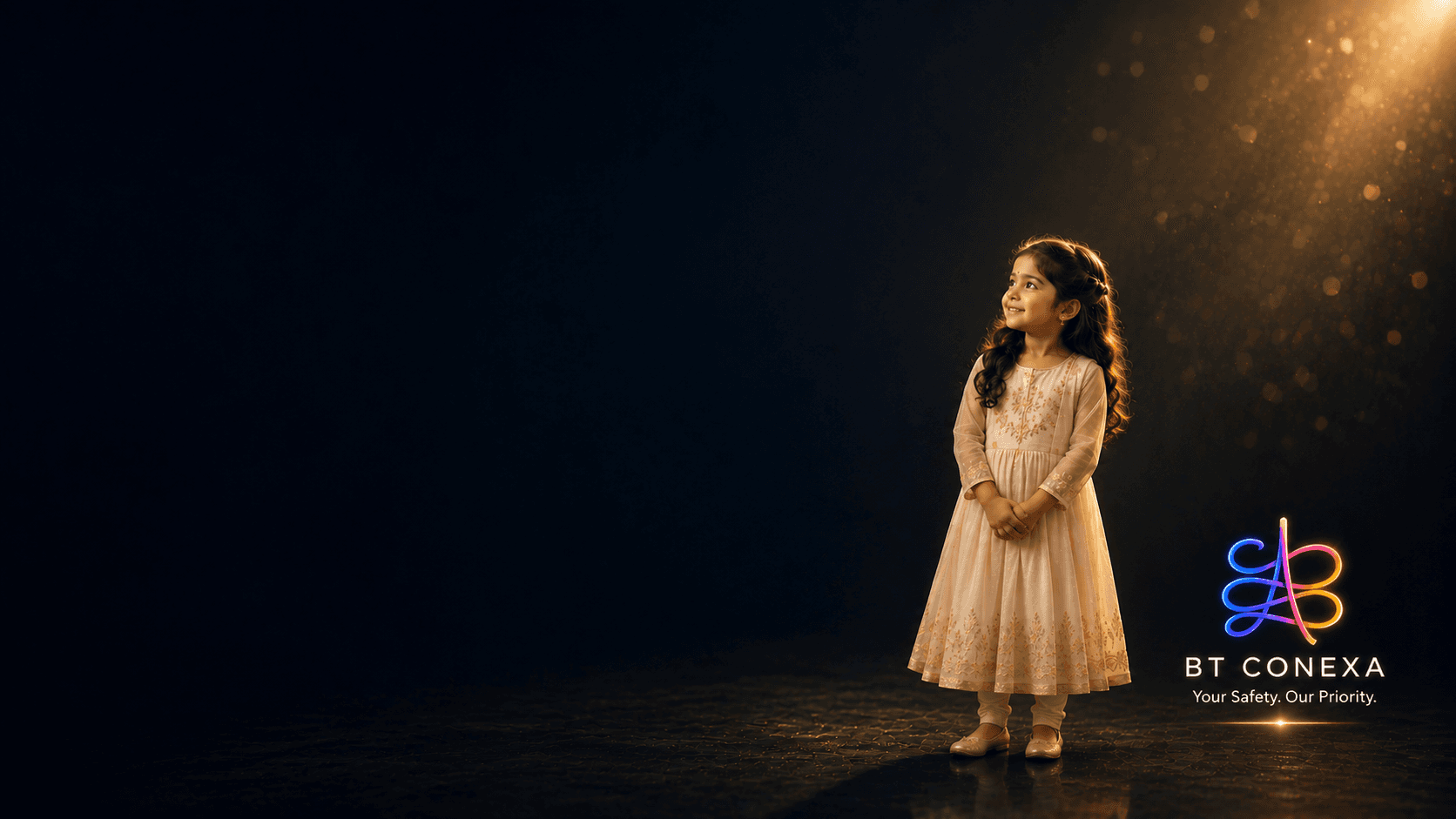 A hopeful young girl standing in warm cinematic light, representing safety, trust and peace of mind.