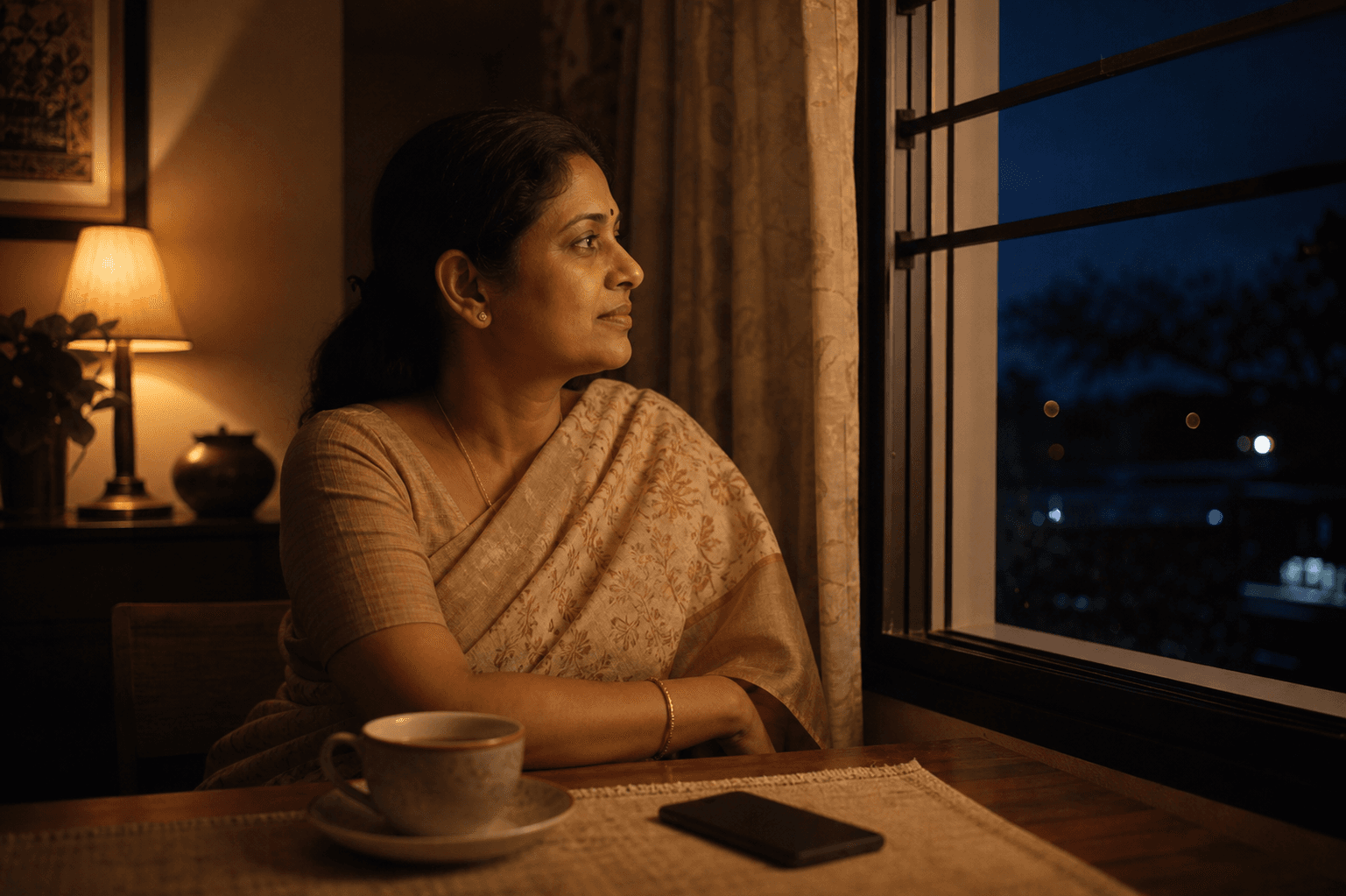 A mother peacefully waiting at home for her loved one to return safely.