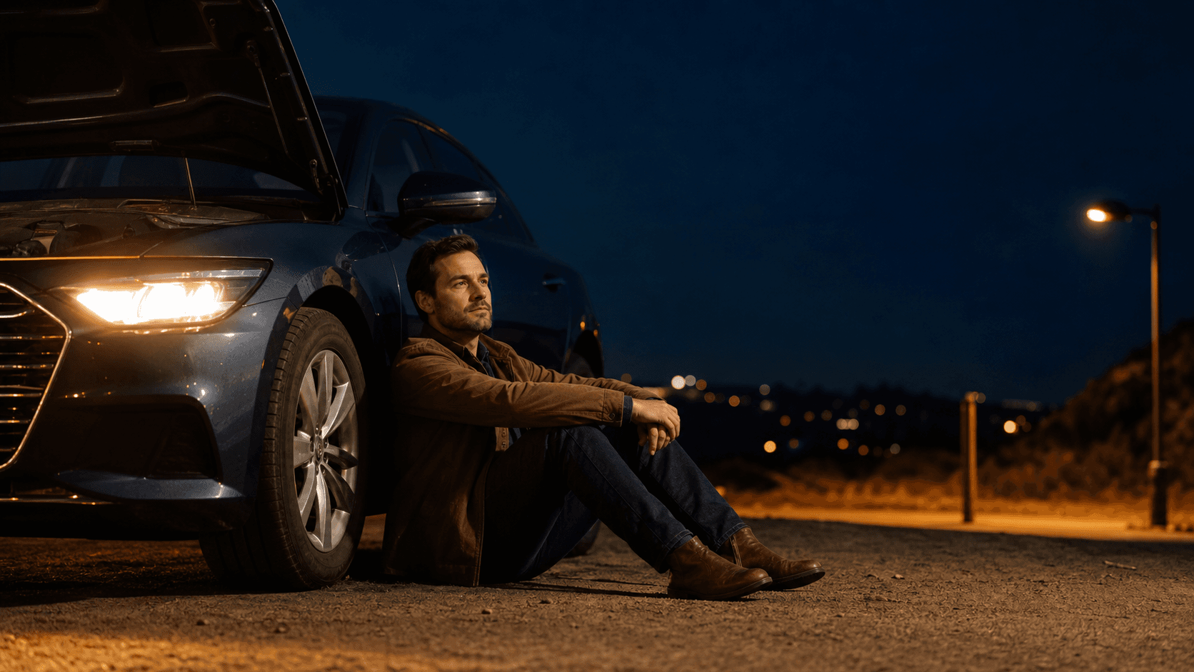 A driver sitting calmly beside a broken-down car on a safe roadside at night.