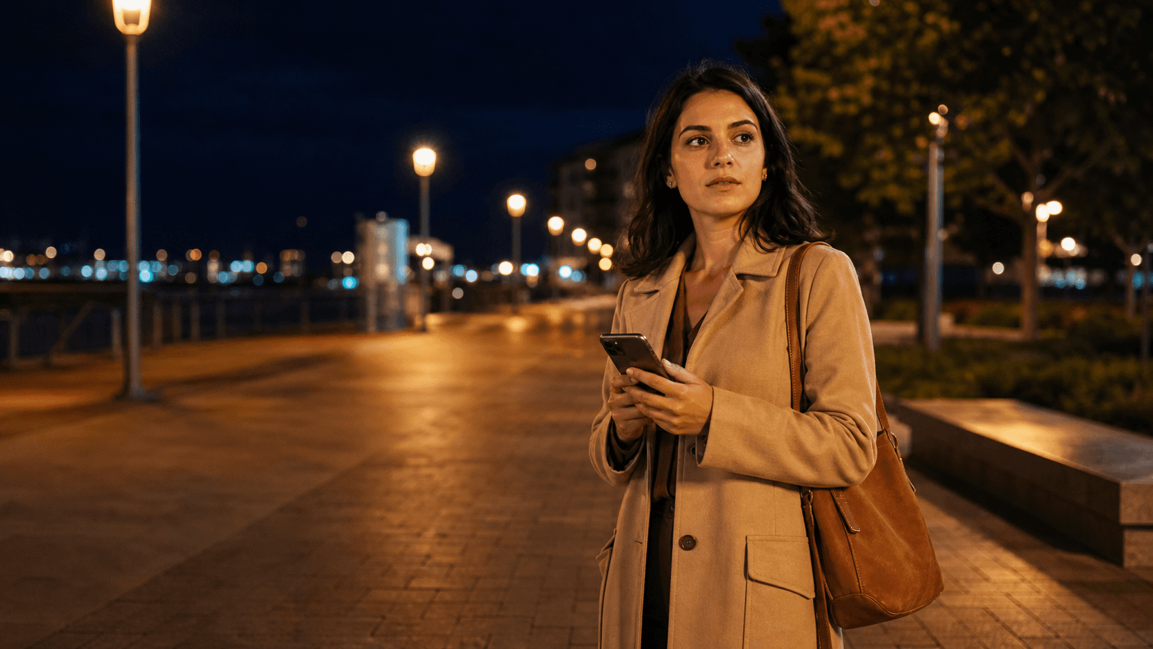 A woman holding her phone with quiet concern in a well-lit public place at night.