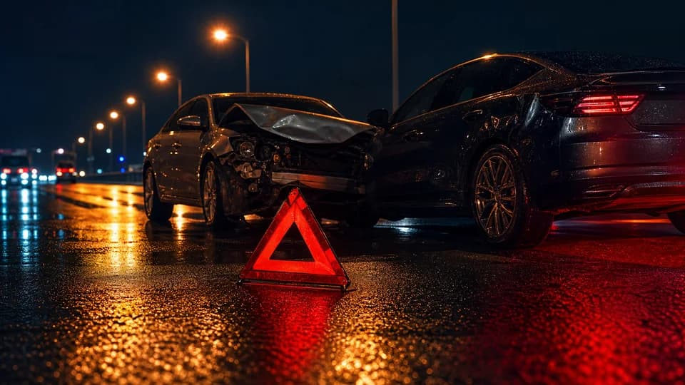 Two damaged vehicles and a roadside warning triangle in a restrained nighttime accident scene.