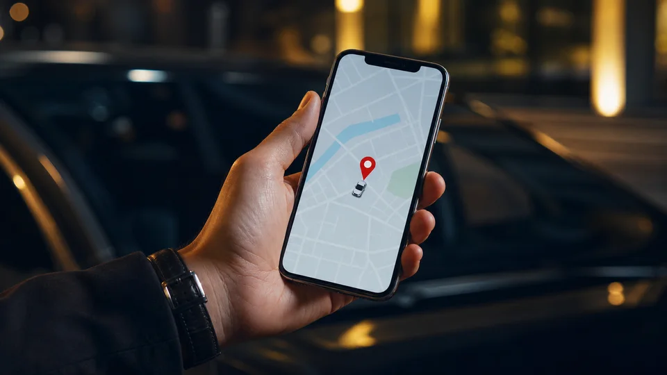 A hand holding a phone with a map, location pin, and vehicle marker for location sharing.