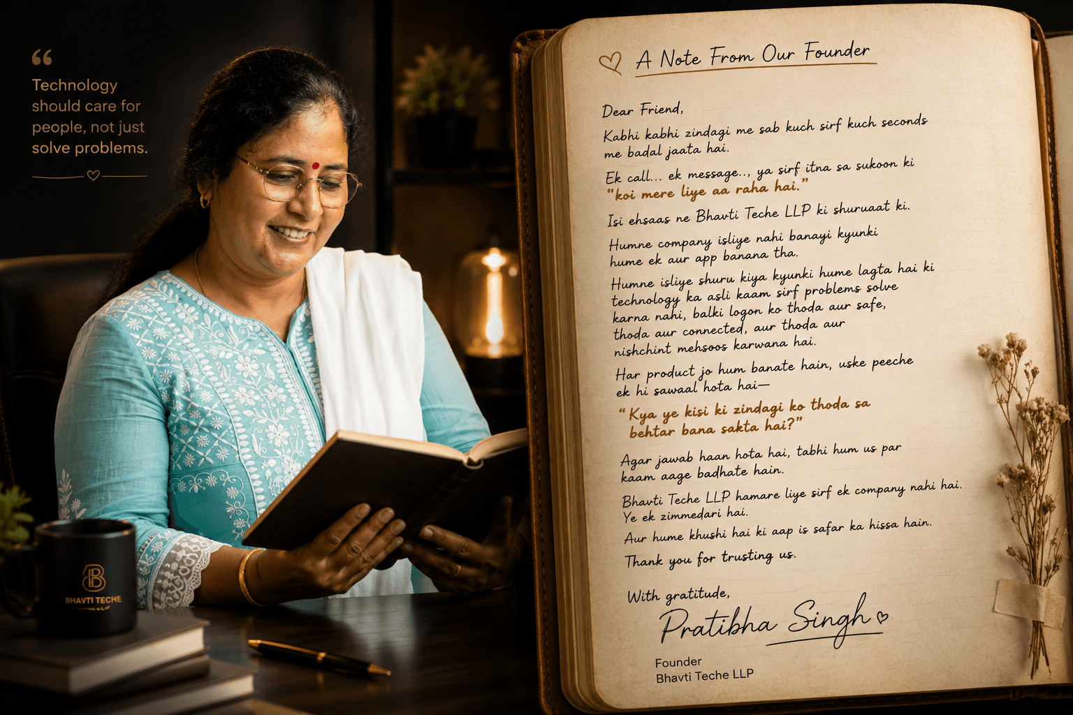 Bhavti Teche LLP founder Pratibha Singh with founder's note