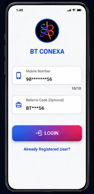 BT Conexa mobile number and referral code sign-up screen.
