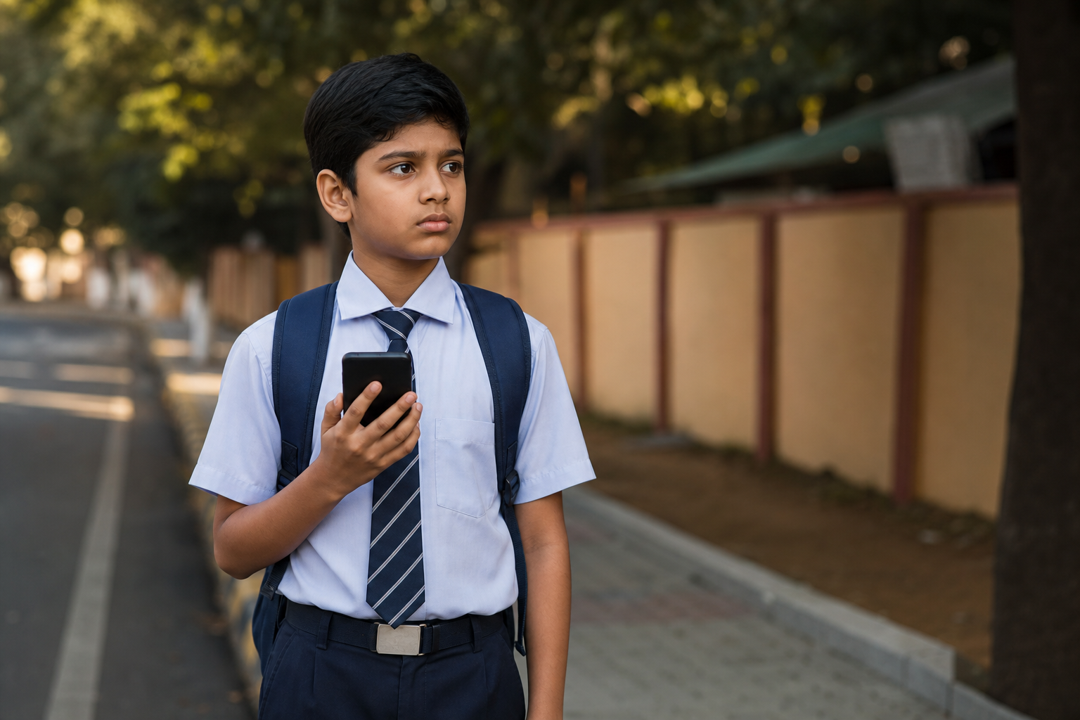A child waiting calmly in a safe public place
