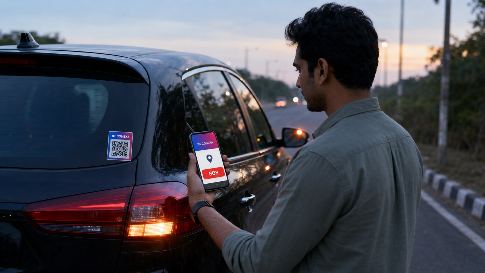 A person scanning a BT Conexa vehicle QR code to use the SOS option after a road accident